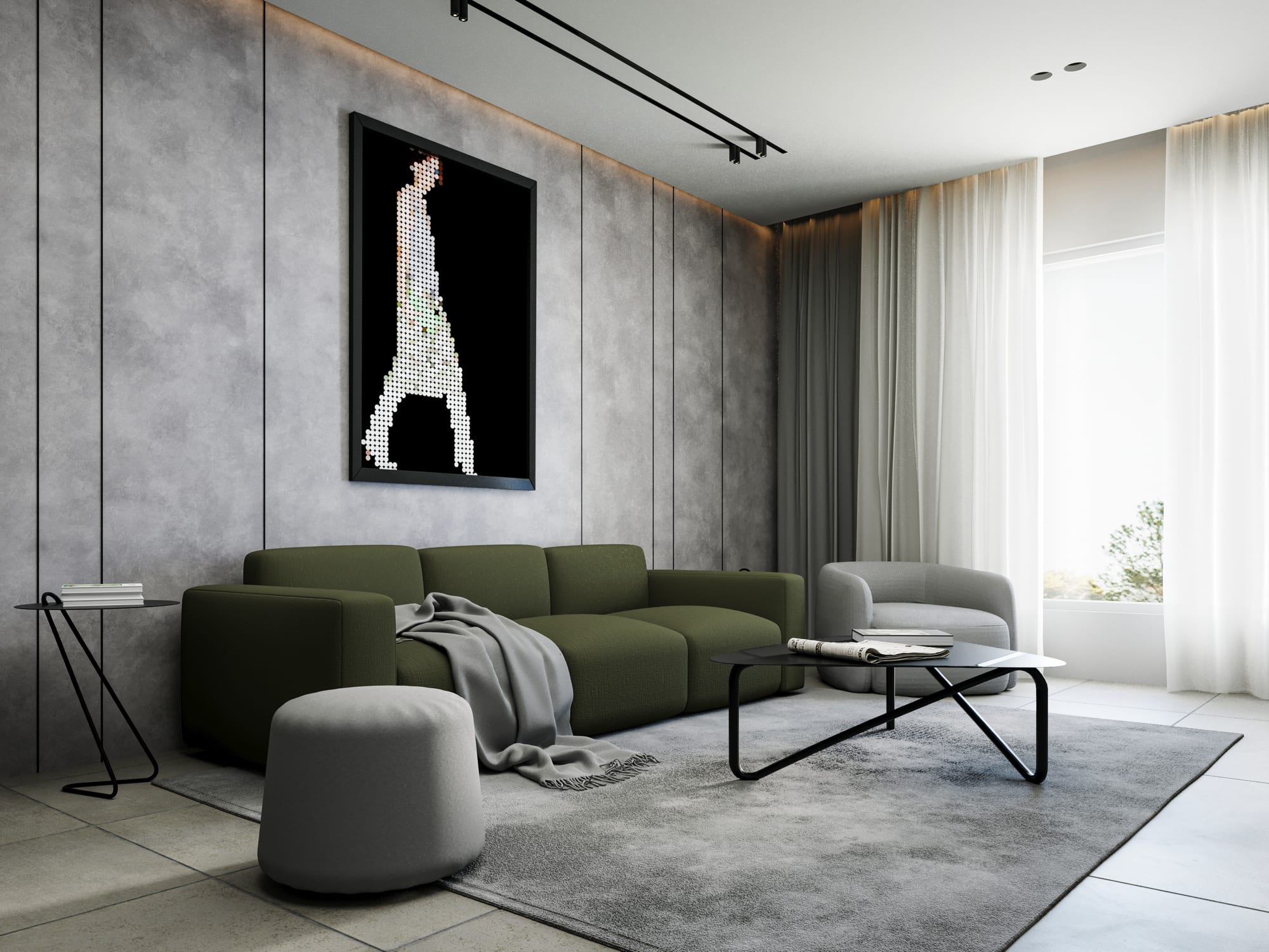 A fully furnished short term rental living room, staged and ready for guests